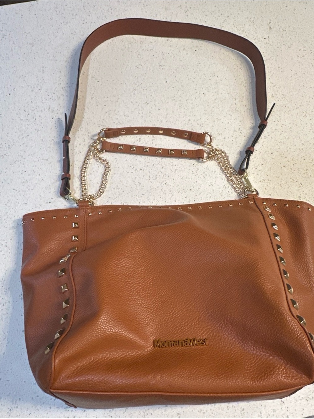 Montana West Cognac Studded Shoulder Bag with Gold Accents